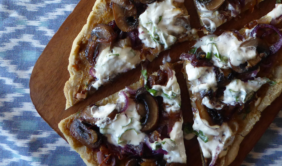 Caramelized Onions, Mushrooms, and “Cocotta” Cheese Pizza