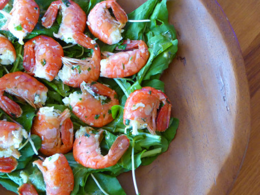 Lemon Parsley Garlic Prawns with Arugula + Sunflower Sprouts