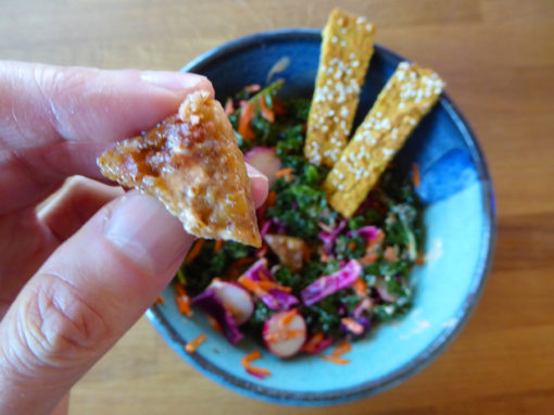 Marinated Kale Salad, Almond Butter Tempeh + Cheesy Breadsticks